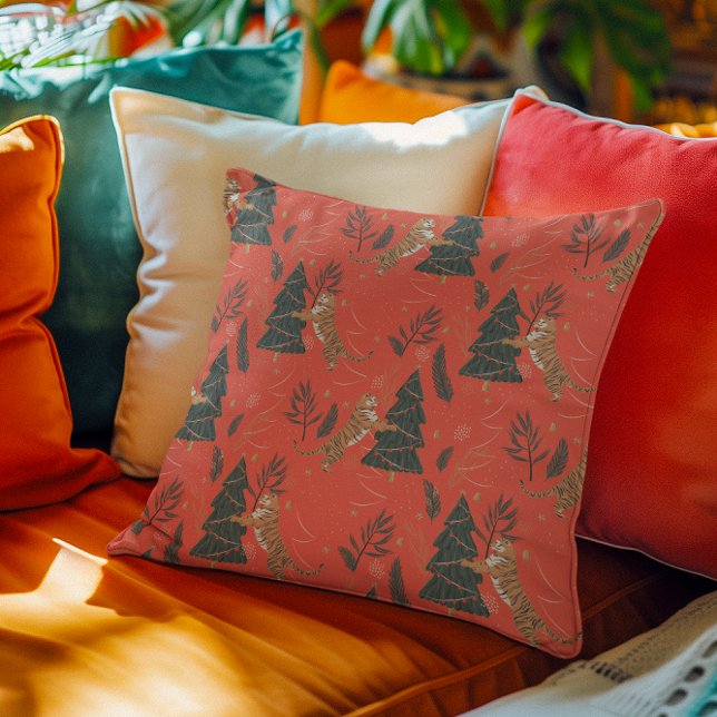 Christmas trees & tigers pattern custom background throw pillow (Creator Uploaded)