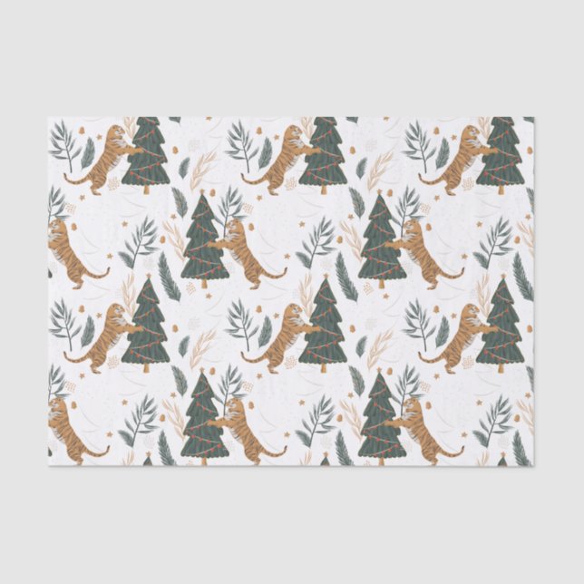 Christmas trees & tigers pattern custom background tissue paper (Front)