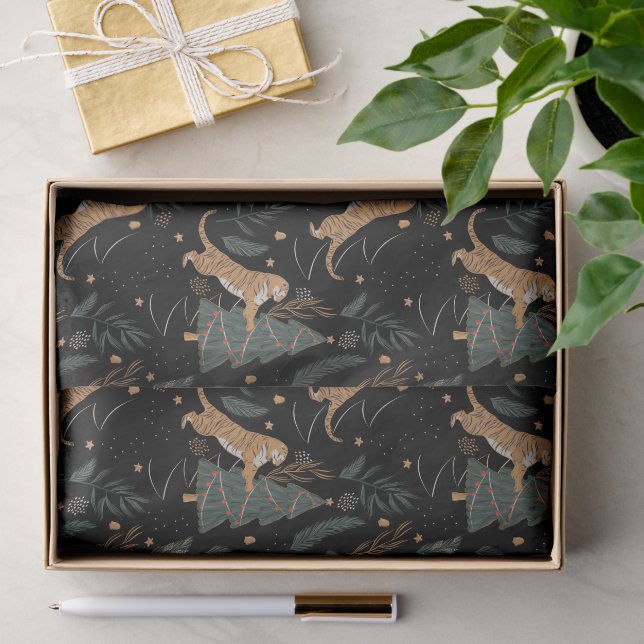 Christmas trees & tigers pattern custom background tissue paper (Gift)