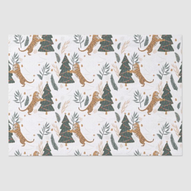 Christmas trees & tigers pattern custom background tissue paper (Front)