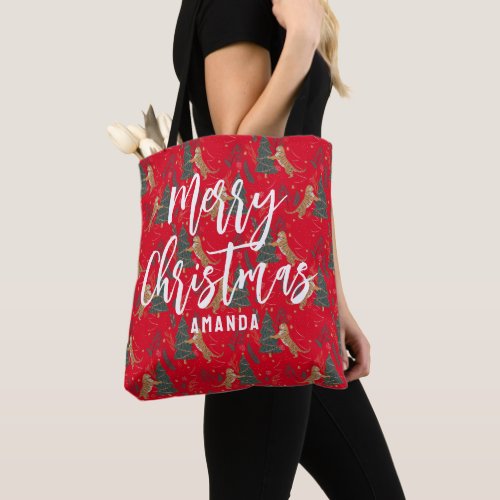 Christmas trees  tigers pattern custom background tote bag