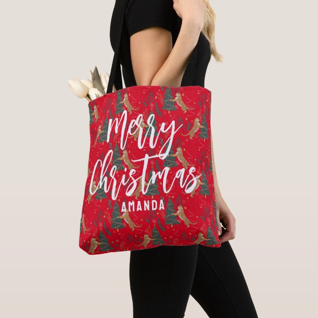 Christmas trees & tigers pattern custom background tote bag (Close Up)