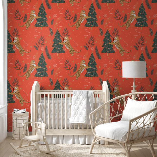 Christmas trees & tigers pattern custom background wallpaper  (Kids)