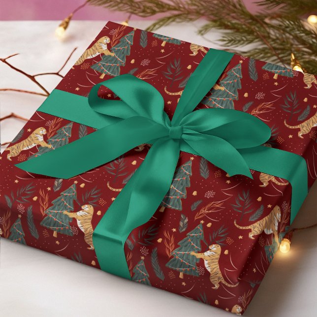 Christmas trees & tigers pattern custom background wrapping paper (Creator Uploaded)