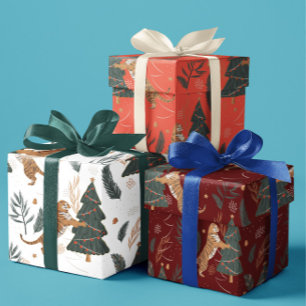 Christmas trees & tigers pattern custom background wrapping paper sheets