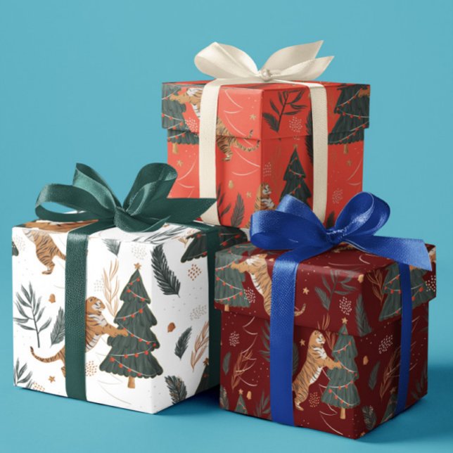 Christmas trees & tigers pattern custom background wrapping paper sheets (Creator Uploaded)