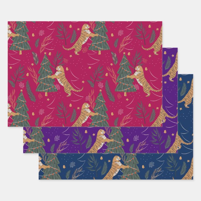 Christmas trees & tigers pattern custom background wrapping paper sheets (Set)