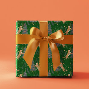 Christmas trees & tigers pattern Green background Wrapping Paper