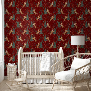 Christmas Trees & Tigers Pattern On Dark Red Wallpaper