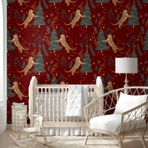 Christmas Trees  Tigers Pattern On Dark Red Wallpaper