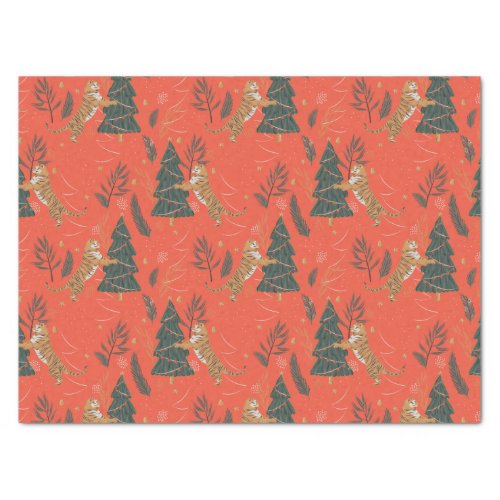Christmas trees  tigers pattern on orange backgro tissue paper