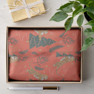 Christmas trees & tigers pattern on orange backgro tissue paper