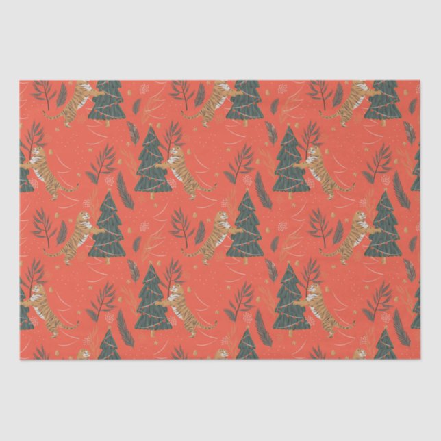 Christmas trees & tigers pattern on orange backgro tissue paper (Front)