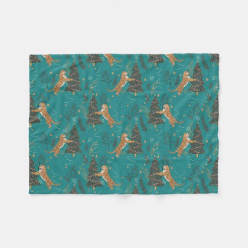 Christmas trees  tigers pattern on turquoise fleece blanket