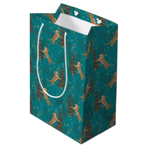 Christmas trees  tigers pattern on turquoise medium gift bag