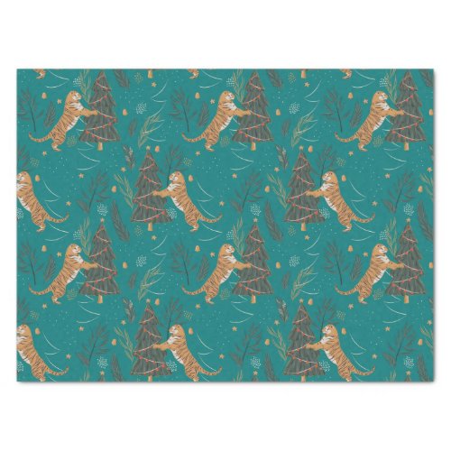 Christmas trees  tigers pattern on turquoise tissue paper