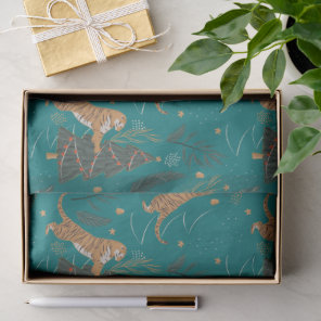 Christmas trees & tigers pattern on turquoise tissue paper