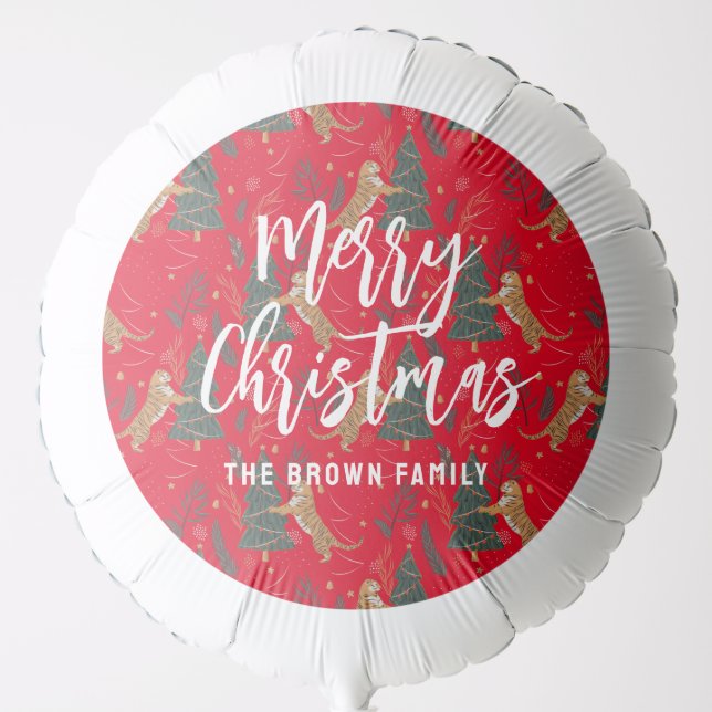 Christmas trees & tigers pattern red background balloon (Front)