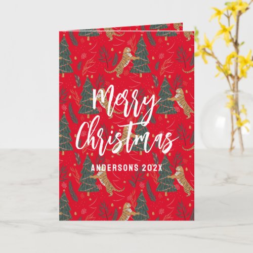 Christmas trees  tigers pattern Red background Card