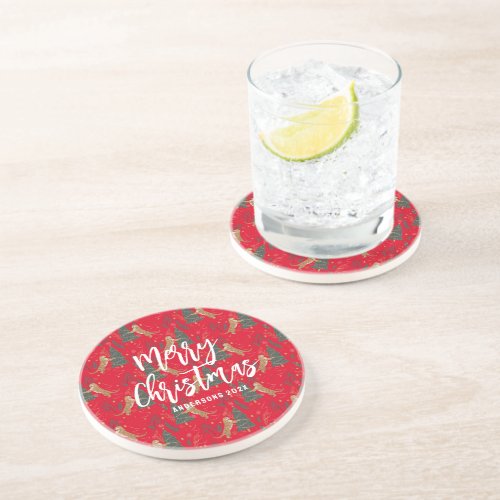 Christmas trees  tigers pattern red background coaster