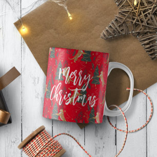 Christmas trees & tigers pattern red background coffee mug