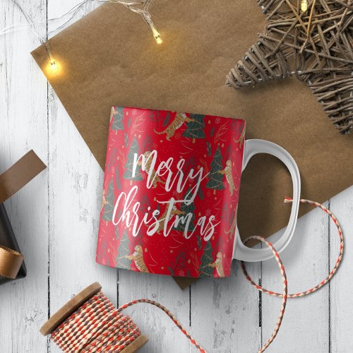 Christmas trees  tigers pattern red background coffee mug