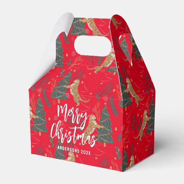 Christmas trees & tigers pattern Red background Favor Boxes (Front Side)