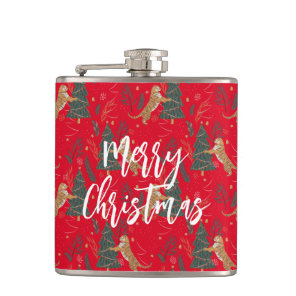 Christmas trees & tigers pattern red background flask