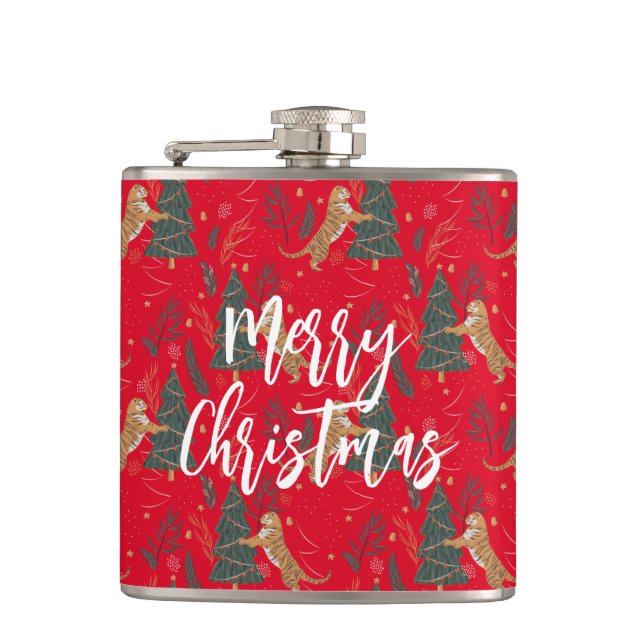 Christmas trees & tigers pattern red background flask (Front)