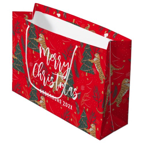 Christmas trees  tigers pattern Red background Large Gift Bag