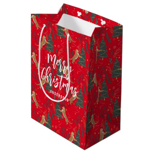 Christmas trees  tigers pattern red background medium gift bag