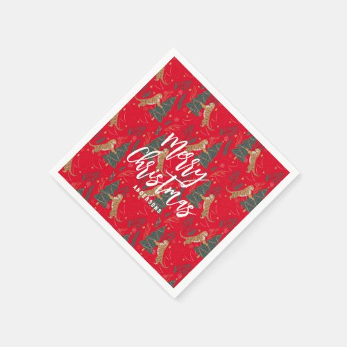 Christmas trees  tigers pattern red background napkins