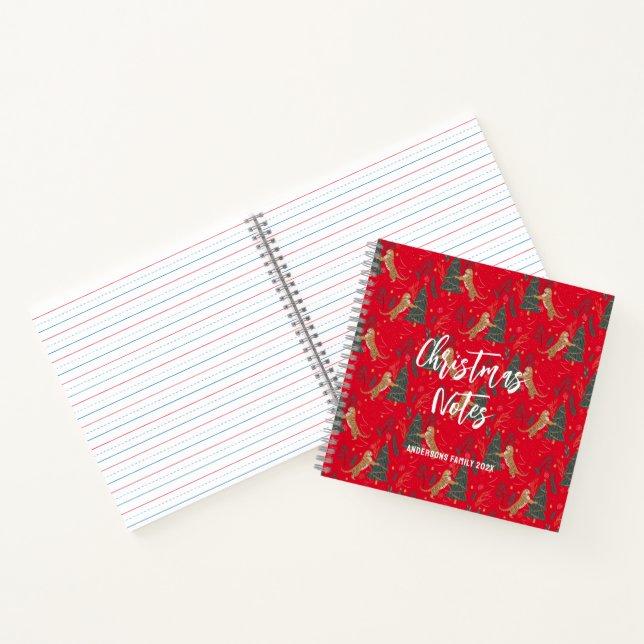Christmas trees & tigers pattern red background notebook (Inside)