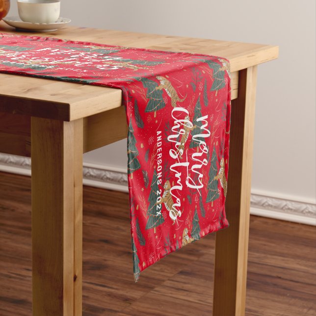Christmas trees & tigers pattern red background short table runner (In Situ)