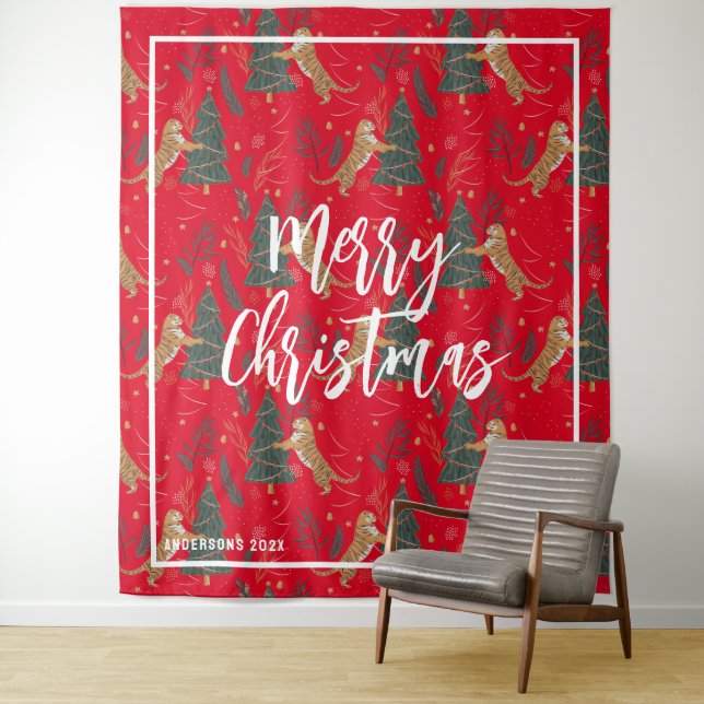 Christmas trees & tigers pattern red background tapestry (In Situ)
