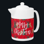 Christmas trees & tigers pattern red background teapot<br><div class="desc">This colorful cartoon-style Christmas tree pattern with a customizable red background.
Christmas,  trees,  Christmas animals,  and other Christmas symbols.</div>