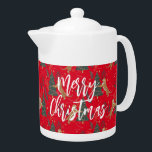 Christmas trees & tigers pattern red background teapot<br><div class="desc">This colorful cartoon-style Christmas tree pattern with a customizable red background.
Christmas,  trees,  Christmas animals,  and other Christmas symbols.</div>