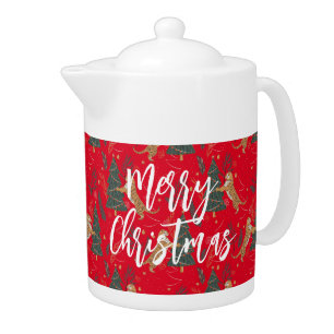 Christmas trees & tigers pattern red background teapot