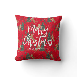 Christmas trees & tigers pattern red background throw pillow