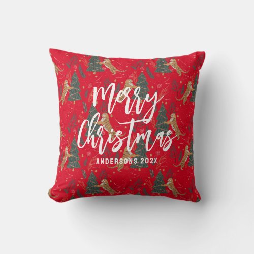 Christmas trees  tigers pattern red background throw pillow