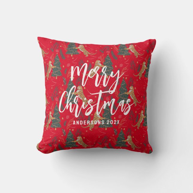 Christmas trees & tigers pattern red background throw pillow (Front)