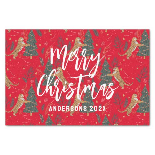 Christmas trees  tigers pattern red background tissue paper