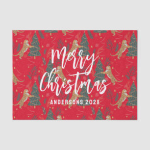 Christmas trees & tigers pattern red background tissue paper