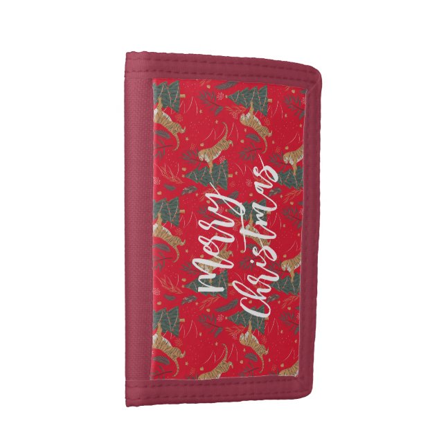 Christmas trees & tigers pattern red background tri-fold wallet (Side)