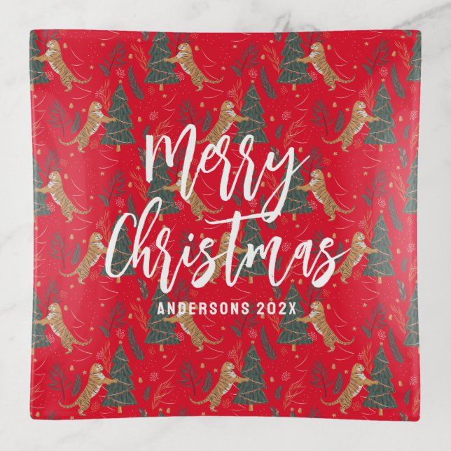 Christmas trees & tigers pattern red background trinket tray (Front)