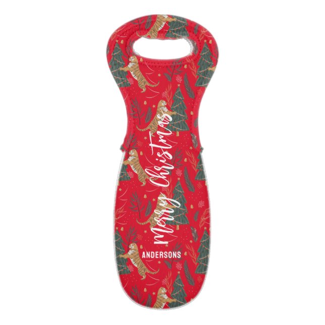 Christmas trees & tigers pattern red background wine bag (Back Flat)