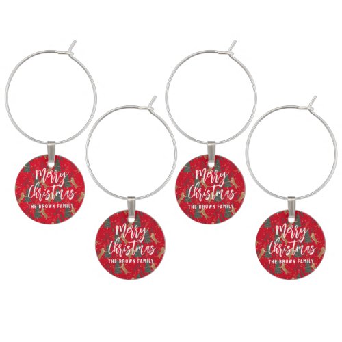 Christmas trees  tigers pattern red background wine charm