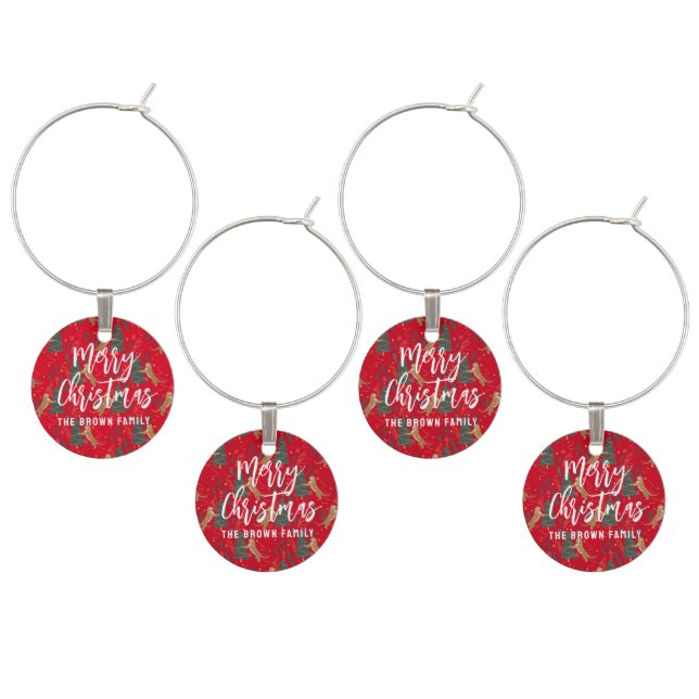 Christmas trees & tigers pattern red background wine charm (Staggered)