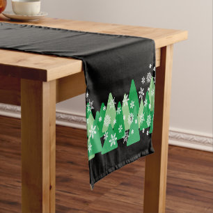 Christmas Trees White Snowflakes Green Short Table Runner