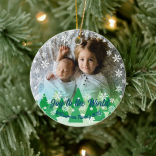 Christmas Trees White Snowflakes Joy to the World Ceramic Ornament